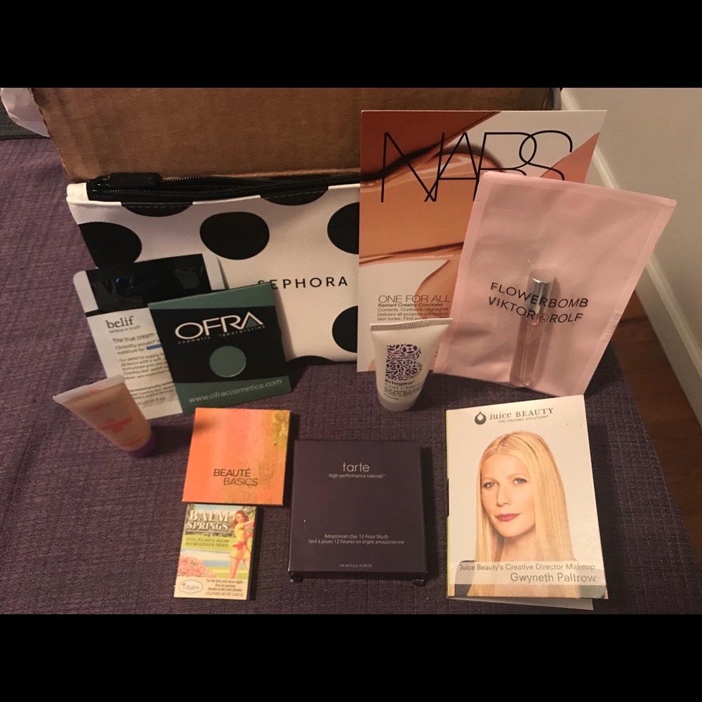 Bag full of makeup/beauty product goodies